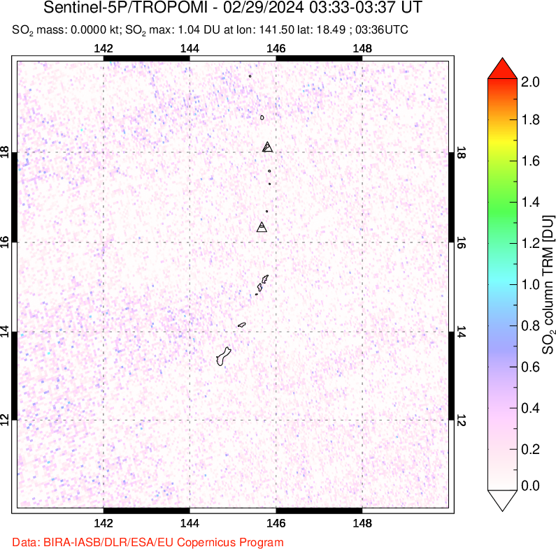 A sulfur dioxide image over Anatahan, Mariana Islands on Feb 29, 2024.