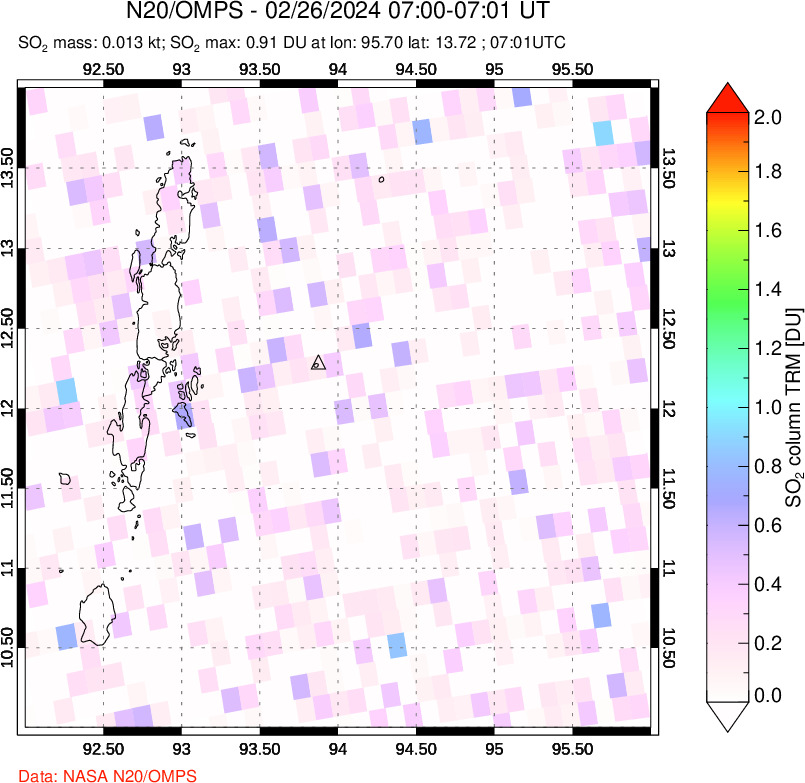 A sulfur dioxide image over Andaman Islands, Indian Ocean on Feb 26, 2024.