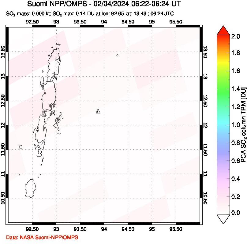 A sulfur dioxide image over Andaman Islands, Indian Ocean on Feb 04, 2024.