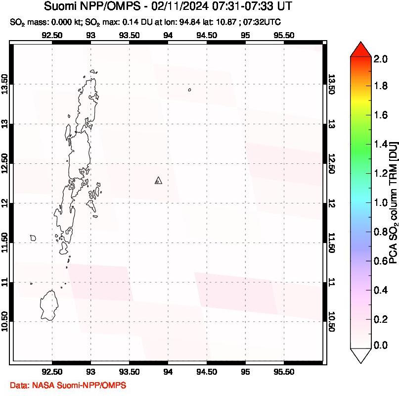 A sulfur dioxide image over Andaman Islands, Indian Ocean on Feb 11, 2024.