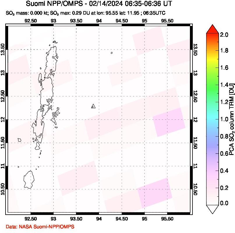 A sulfur dioxide image over Andaman Islands, Indian Ocean on Feb 14, 2024.