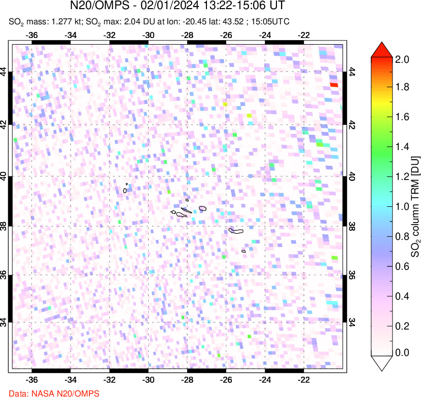 A sulfur dioxide image over Azores Islands, Portugal on Feb 01, 2024.