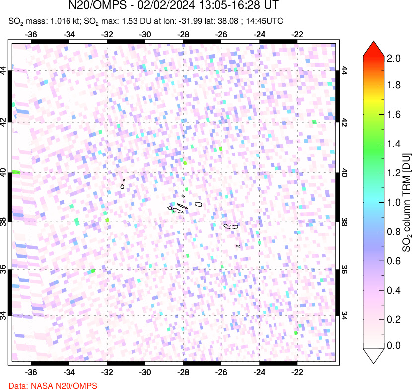 A sulfur dioxide image over Azores Islands, Portugal on Feb 02, 2024.