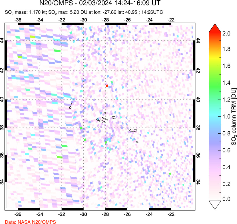 A sulfur dioxide image over Azores Islands, Portugal on Feb 03, 2024.