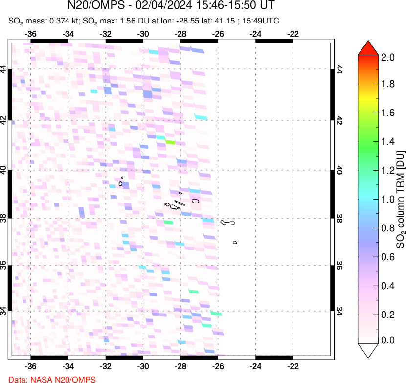 A sulfur dioxide image over Azores Islands, Portugal on Feb 04, 2024.