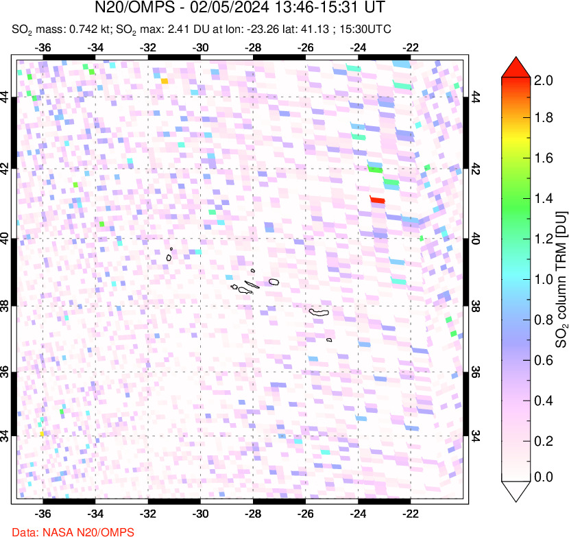 A sulfur dioxide image over Azores Islands, Portugal on Feb 05, 2024.