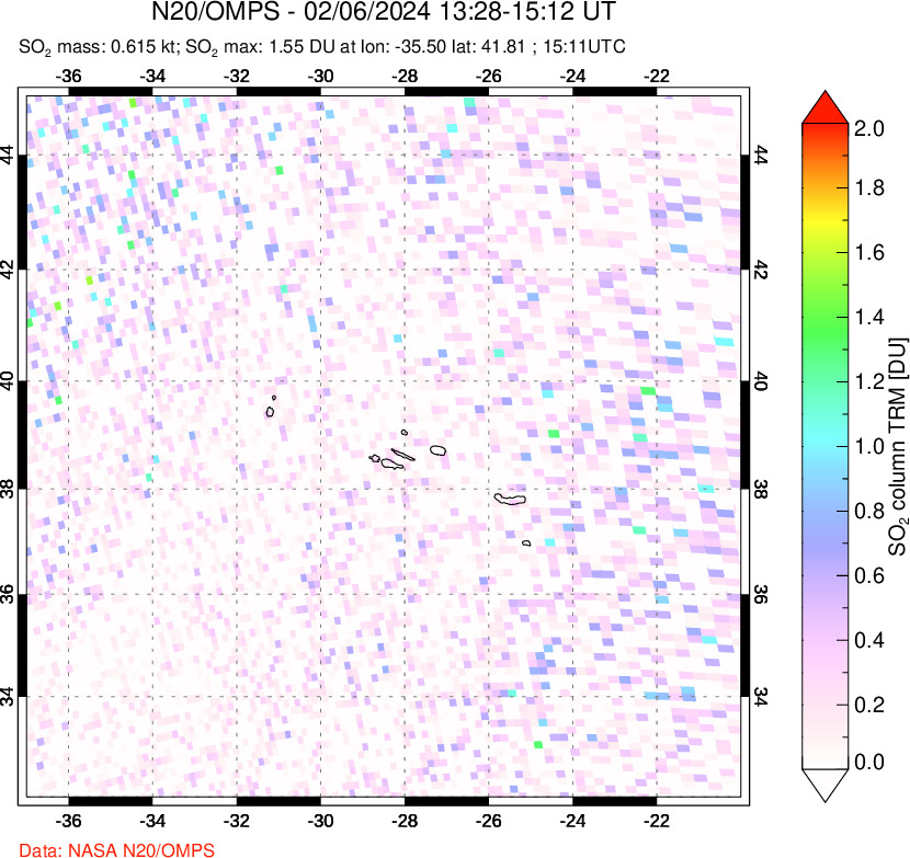 A sulfur dioxide image over Azores Islands, Portugal on Feb 06, 2024.