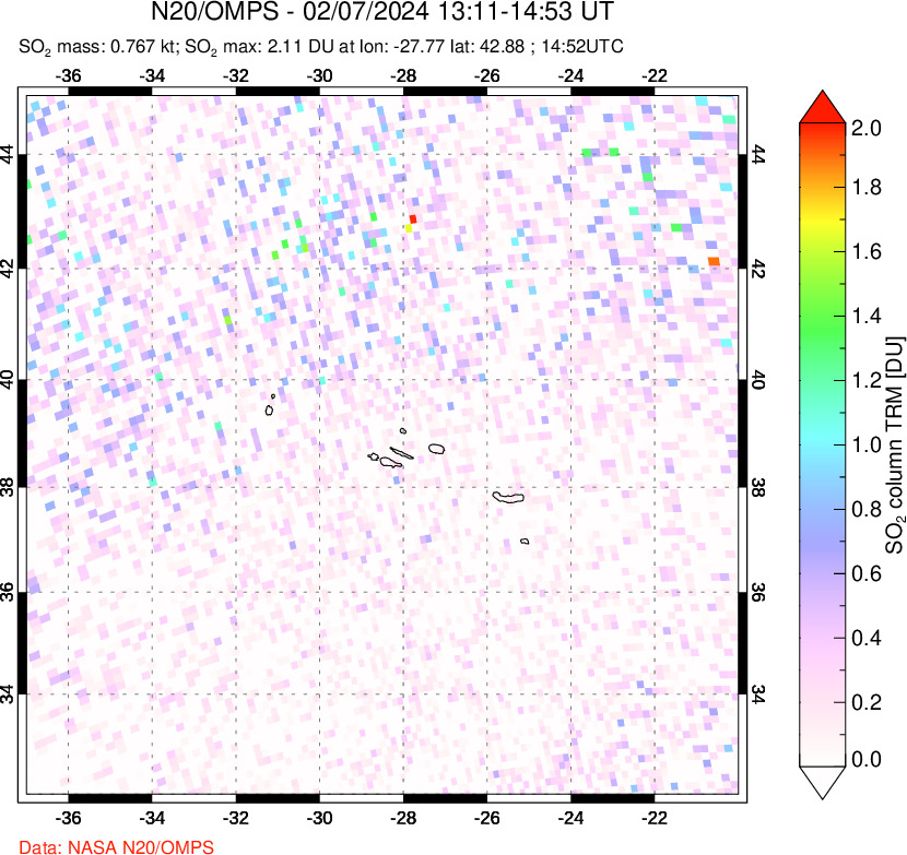 A sulfur dioxide image over Azores Islands, Portugal on Feb 07, 2024.