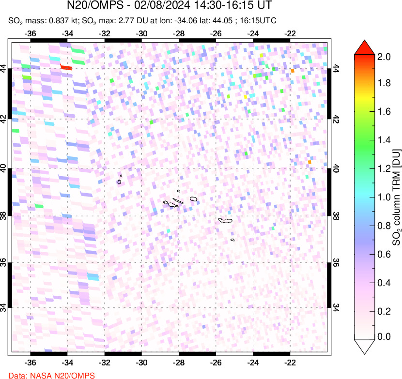 A sulfur dioxide image over Azores Islands, Portugal on Feb 08, 2024.