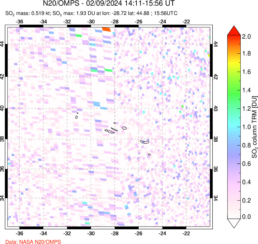 A sulfur dioxide image over Azores Islands, Portugal on Feb 09, 2024.