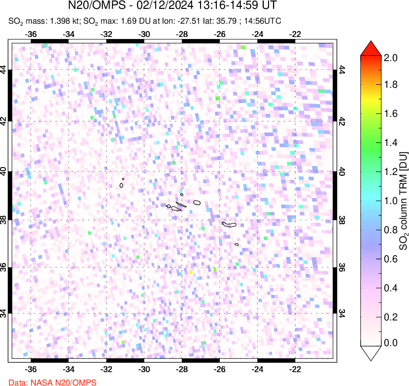 A sulfur dioxide image over Azores Islands, Portugal on Feb 12, 2024.