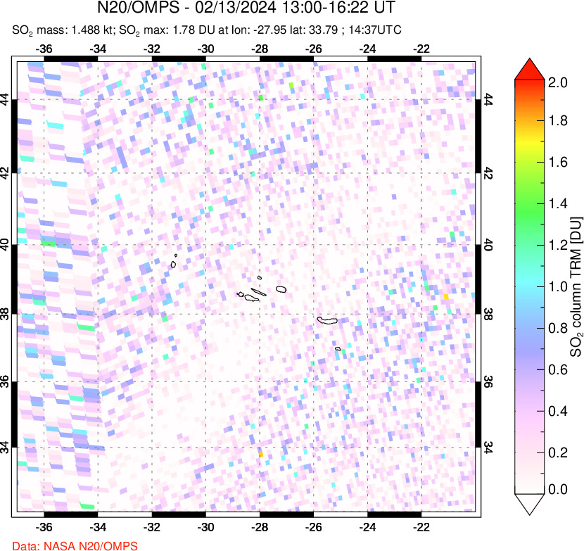 A sulfur dioxide image over Azores Islands, Portugal on Feb 13, 2024.