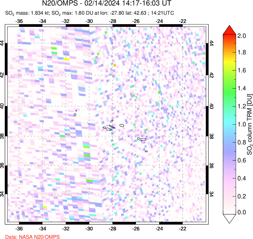 A sulfur dioxide image over Azores Islands, Portugal on Feb 14, 2024.