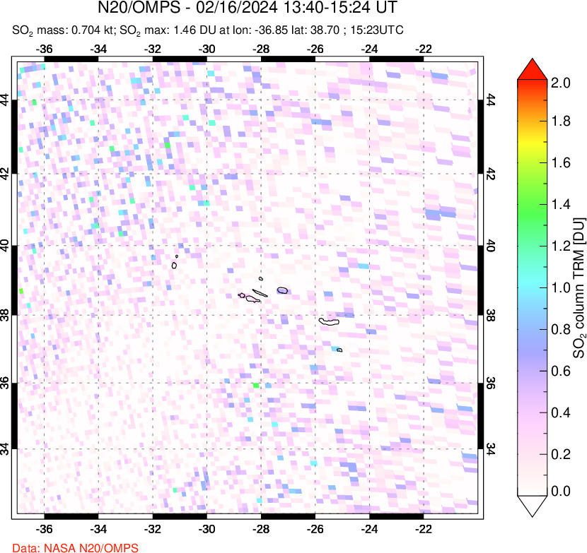 A sulfur dioxide image over Azores Islands, Portugal on Feb 16, 2024.