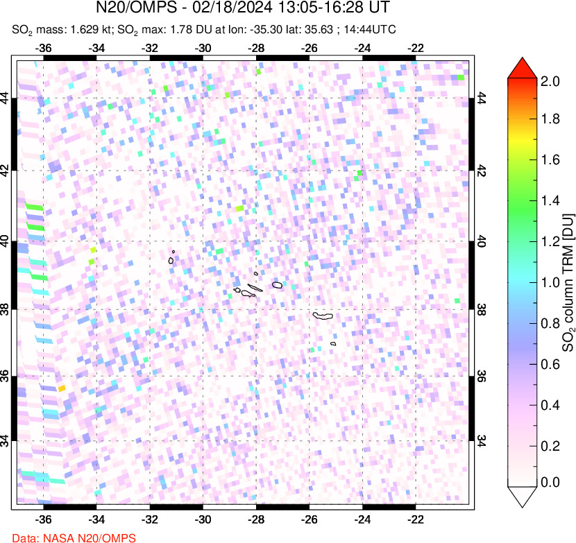 A sulfur dioxide image over Azores Islands, Portugal on Feb 18, 2024.