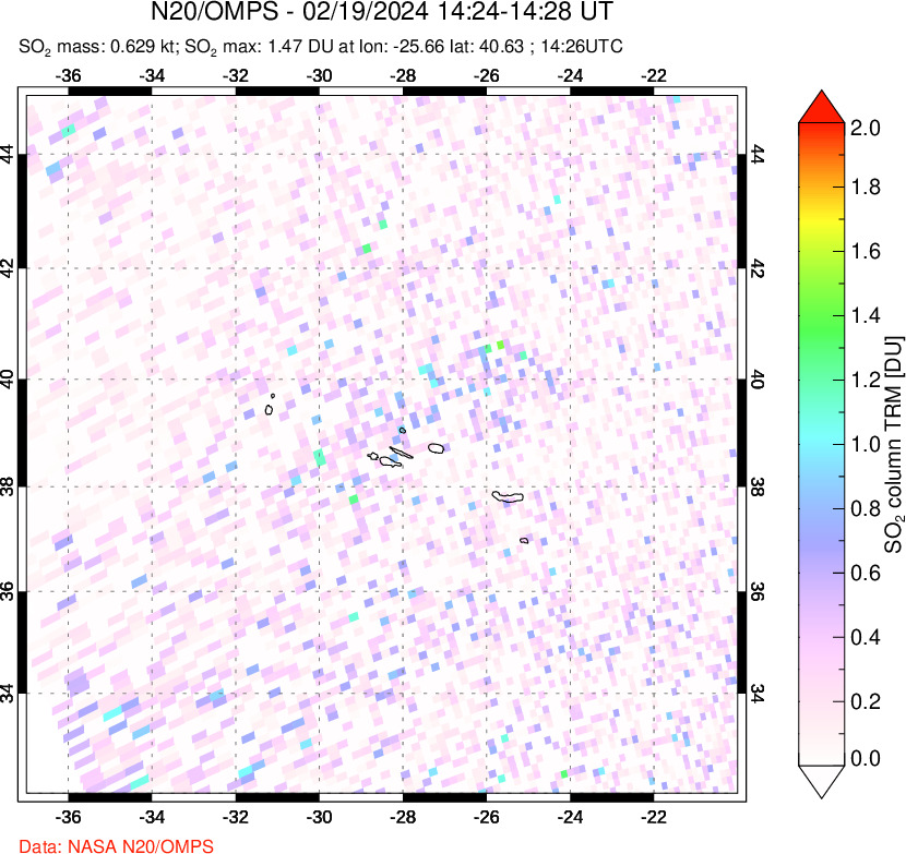 A sulfur dioxide image over Azores Islands, Portugal on Feb 19, 2024.