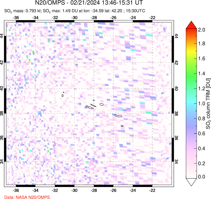 A sulfur dioxide image over Azores Islands, Portugal on Feb 21, 2024.