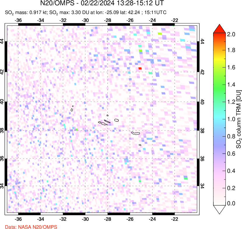 A sulfur dioxide image over Azores Islands, Portugal on Feb 22, 2024.