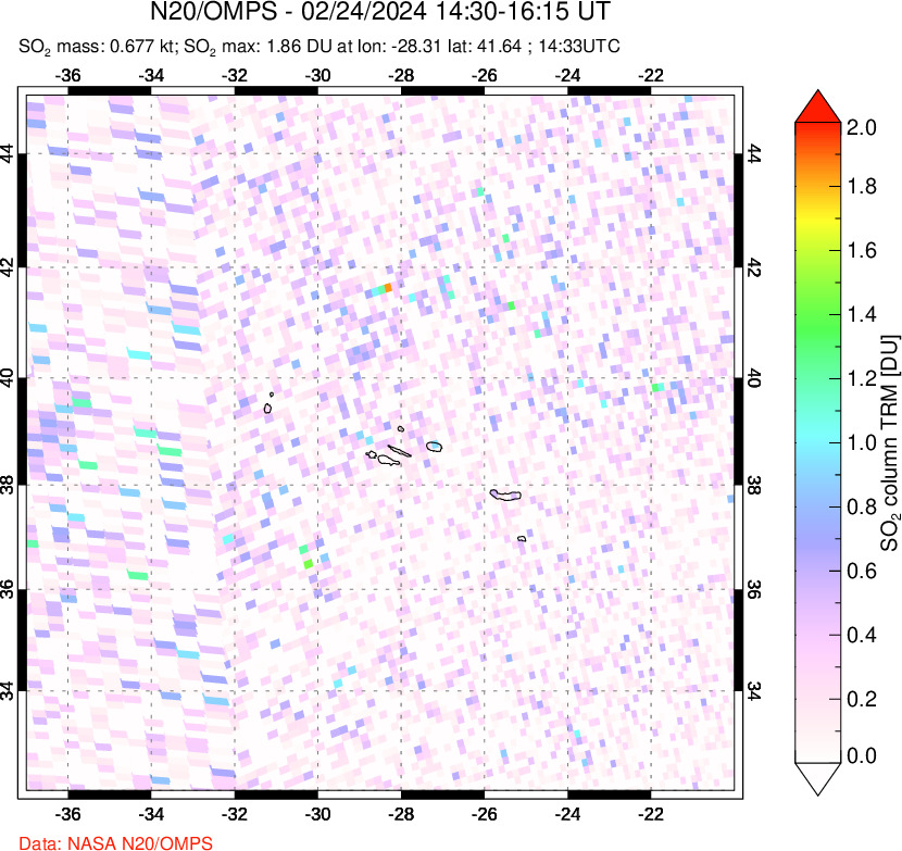 A sulfur dioxide image over Azores Islands, Portugal on Feb 24, 2024.