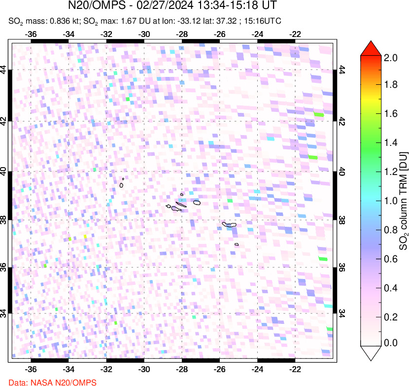 A sulfur dioxide image over Azores Islands, Portugal on Feb 27, 2024.