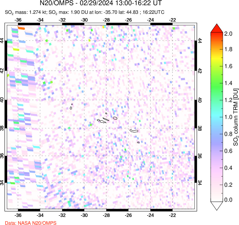 A sulfur dioxide image over Azores Islands, Portugal on Feb 29, 2024.