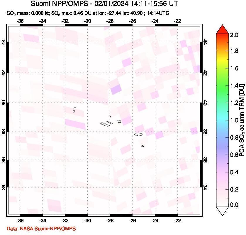 A sulfur dioxide image over Azores Islands, Portugal on Feb 01, 2024.