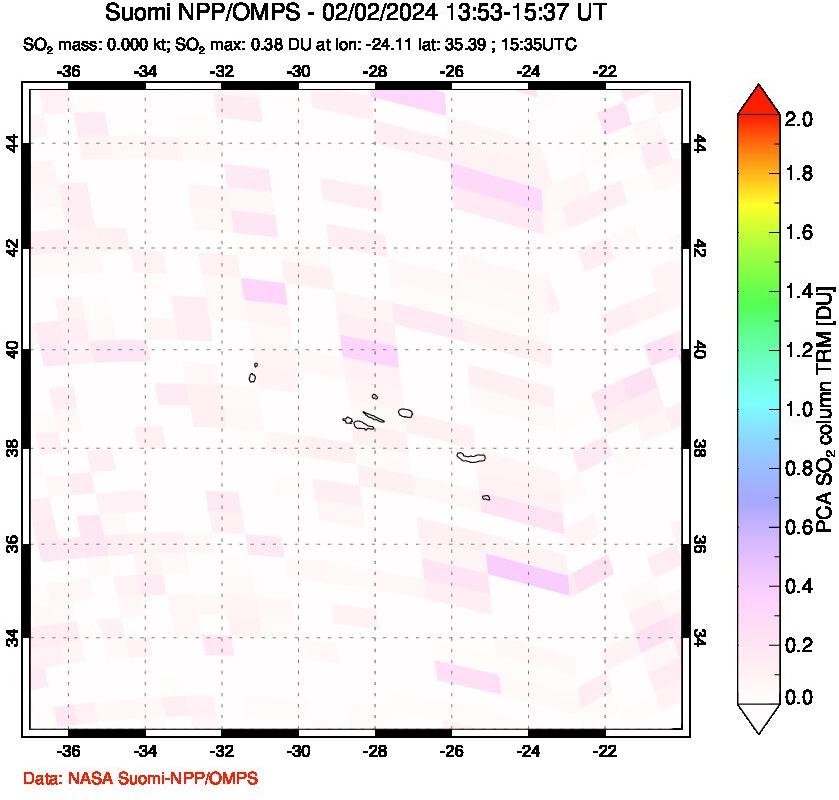 A sulfur dioxide image over Azores Islands, Portugal on Feb 02, 2024.