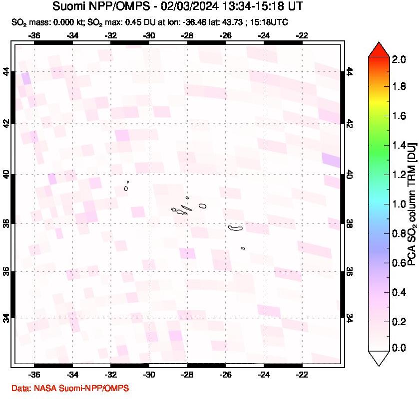 A sulfur dioxide image over Azores Islands, Portugal on Feb 03, 2024.