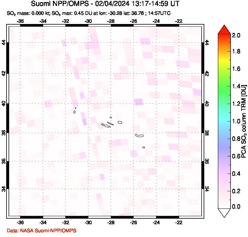 A sulfur dioxide image over Azores Islands, Portugal on Feb 04, 2024.