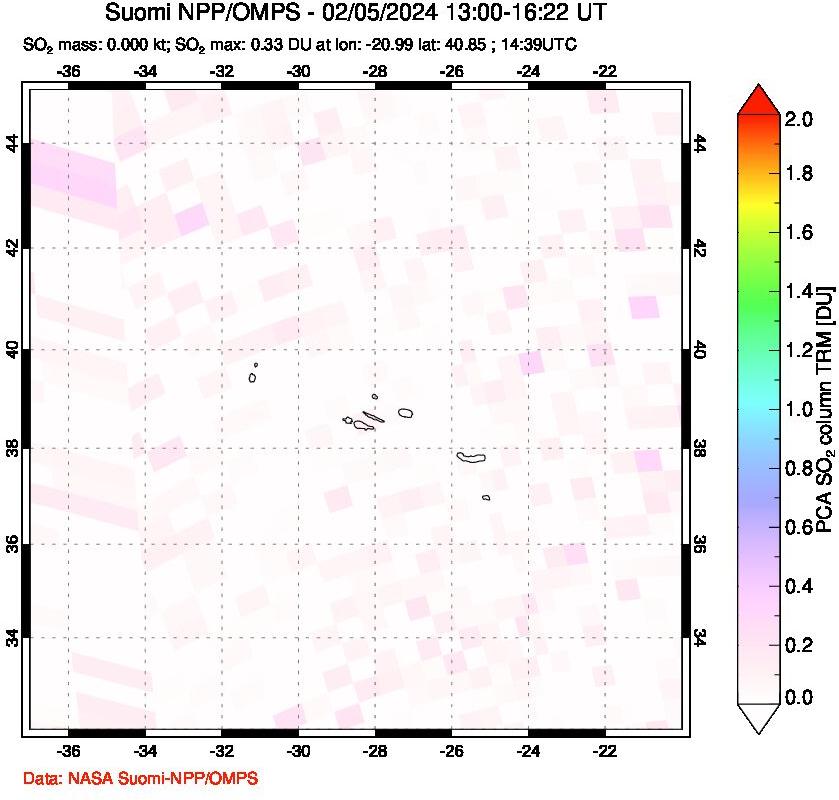 A sulfur dioxide image over Azores Islands, Portugal on Feb 05, 2024.