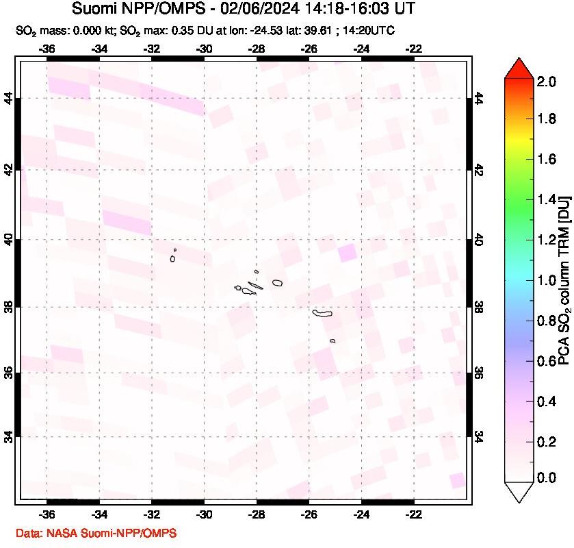 A sulfur dioxide image over Azores Islands, Portugal on Feb 06, 2024.