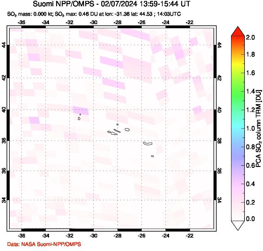 A sulfur dioxide image over Azores Islands, Portugal on Feb 07, 2024.