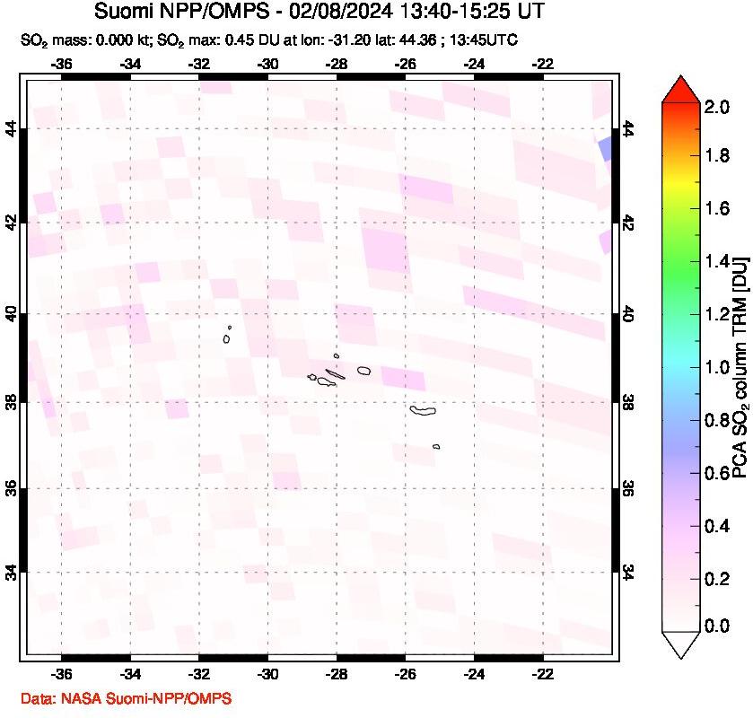 A sulfur dioxide image over Azores Islands, Portugal on Feb 08, 2024.