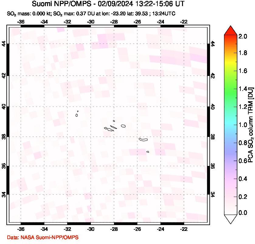 A sulfur dioxide image over Azores Islands, Portugal on Feb 09, 2024.