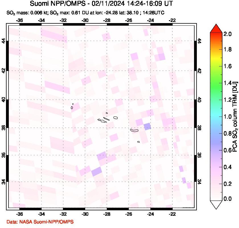 A sulfur dioxide image over Azores Islands, Portugal on Feb 11, 2024.