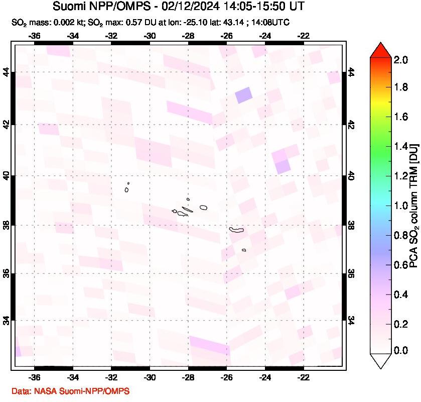 A sulfur dioxide image over Azores Islands, Portugal on Feb 12, 2024.