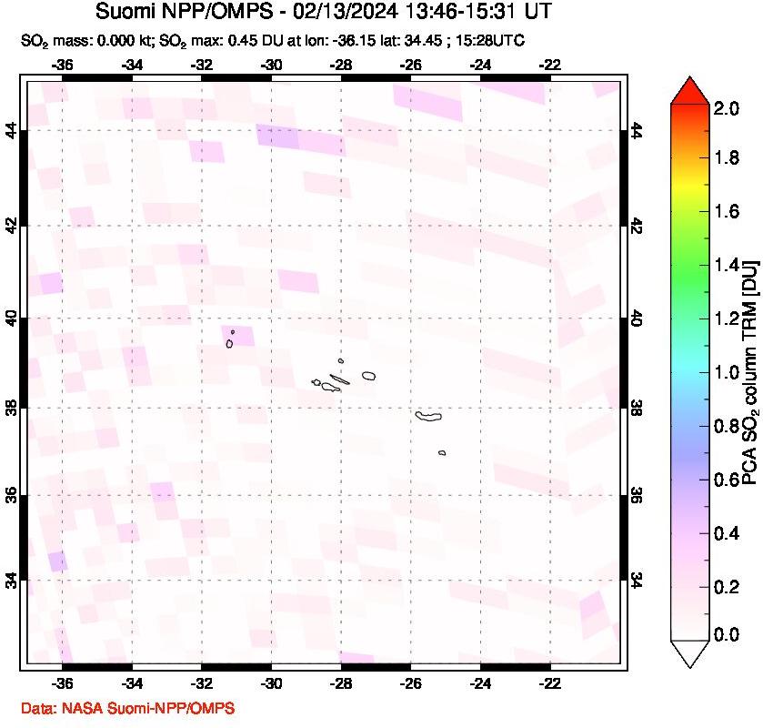 A sulfur dioxide image over Azores Islands, Portugal on Feb 13, 2024.