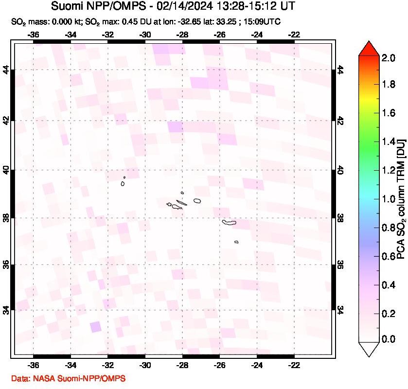 A sulfur dioxide image over Azores Islands, Portugal on Feb 14, 2024.