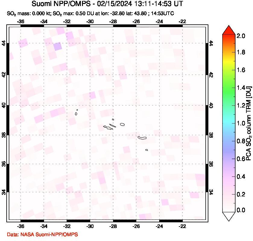 A sulfur dioxide image over Azores Islands, Portugal on Feb 15, 2024.