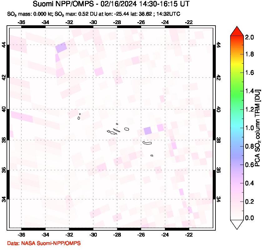 A sulfur dioxide image over Azores Islands, Portugal on Feb 16, 2024.