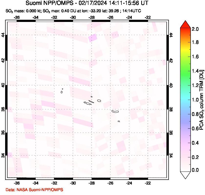 A sulfur dioxide image over Azores Islands, Portugal on Feb 17, 2024.