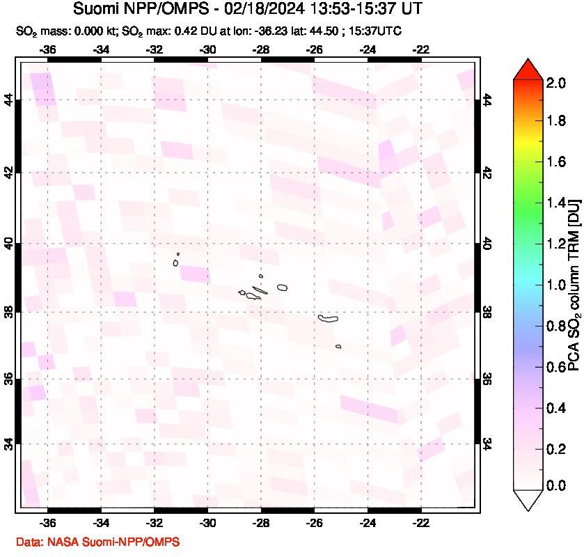 A sulfur dioxide image over Azores Islands, Portugal on Feb 18, 2024.