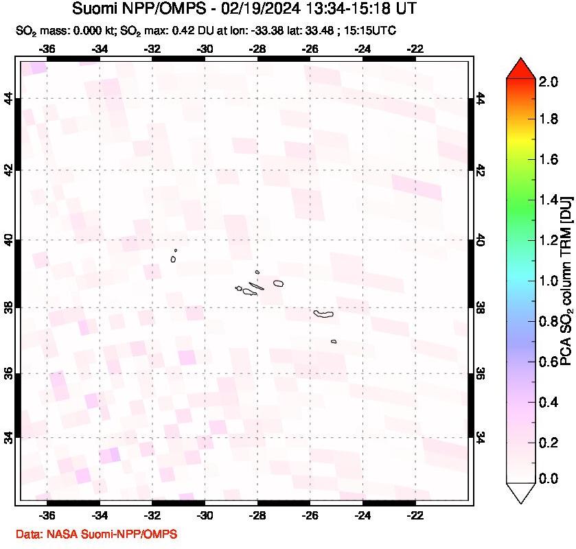 A sulfur dioxide image over Azores Islands, Portugal on Feb 19, 2024.