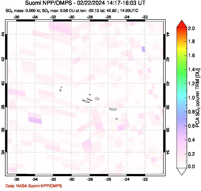 A sulfur dioxide image over Azores Islands, Portugal on Feb 22, 2024.