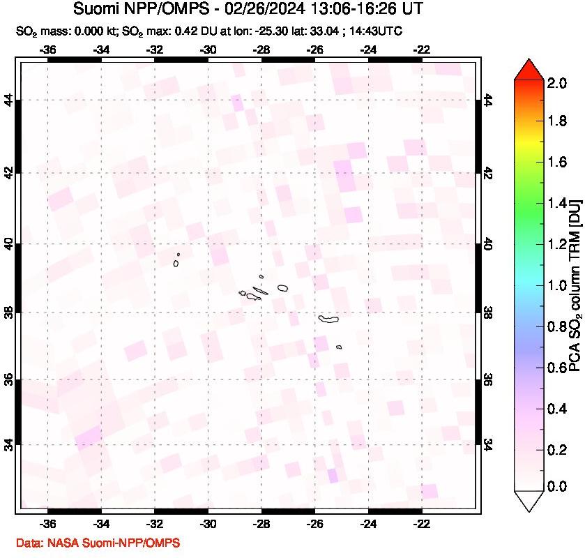 A sulfur dioxide image over Azores Islands, Portugal on Feb 26, 2024.