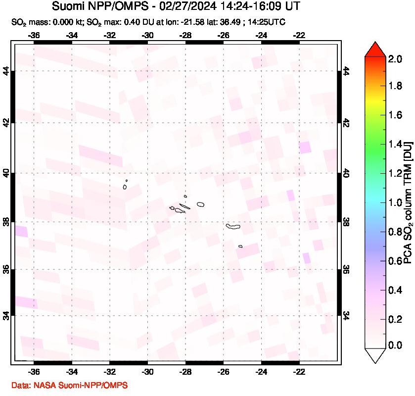 A sulfur dioxide image over Azores Islands, Portugal on Feb 27, 2024.