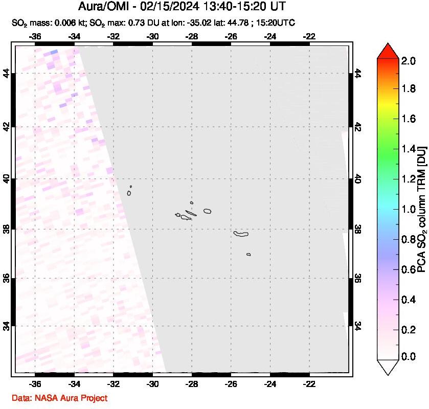 A sulfur dioxide image over Azore Islands, Portugal on Feb 15, 2024.