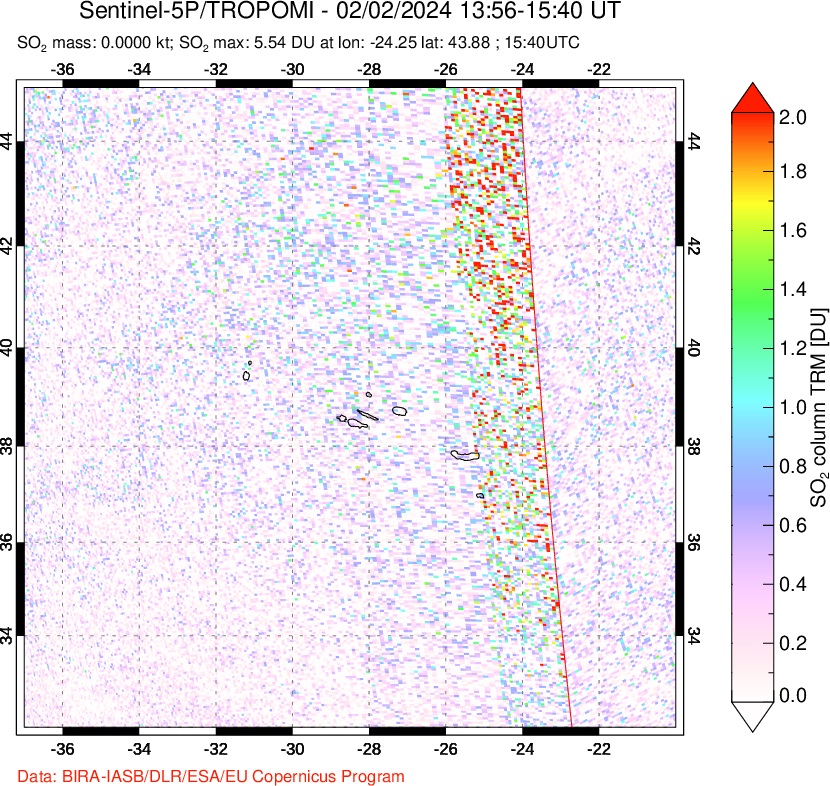 A sulfur dioxide image over Azore Islands, Portugal on Feb 02, 2024.