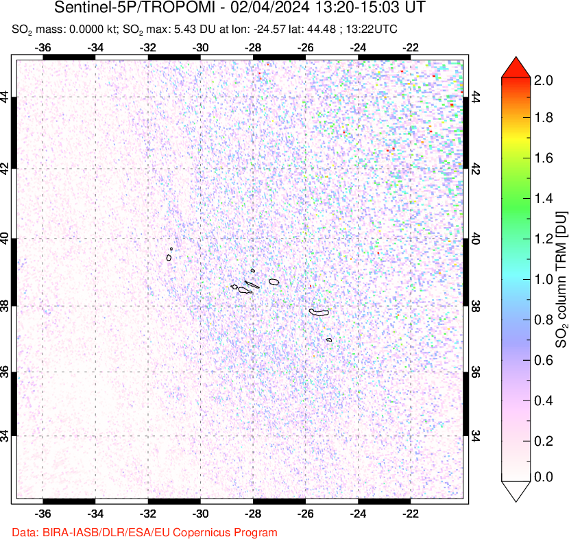 A sulfur dioxide image over Azore Islands, Portugal on Feb 04, 2024.