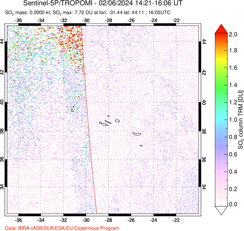 A sulfur dioxide image over Azore Islands, Portugal on Feb 06, 2024.